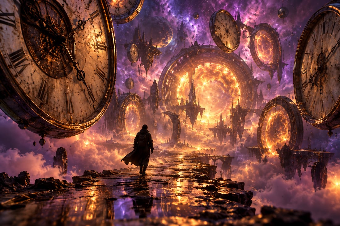 Surreal AI generated scene with floating clocks and glowing portals