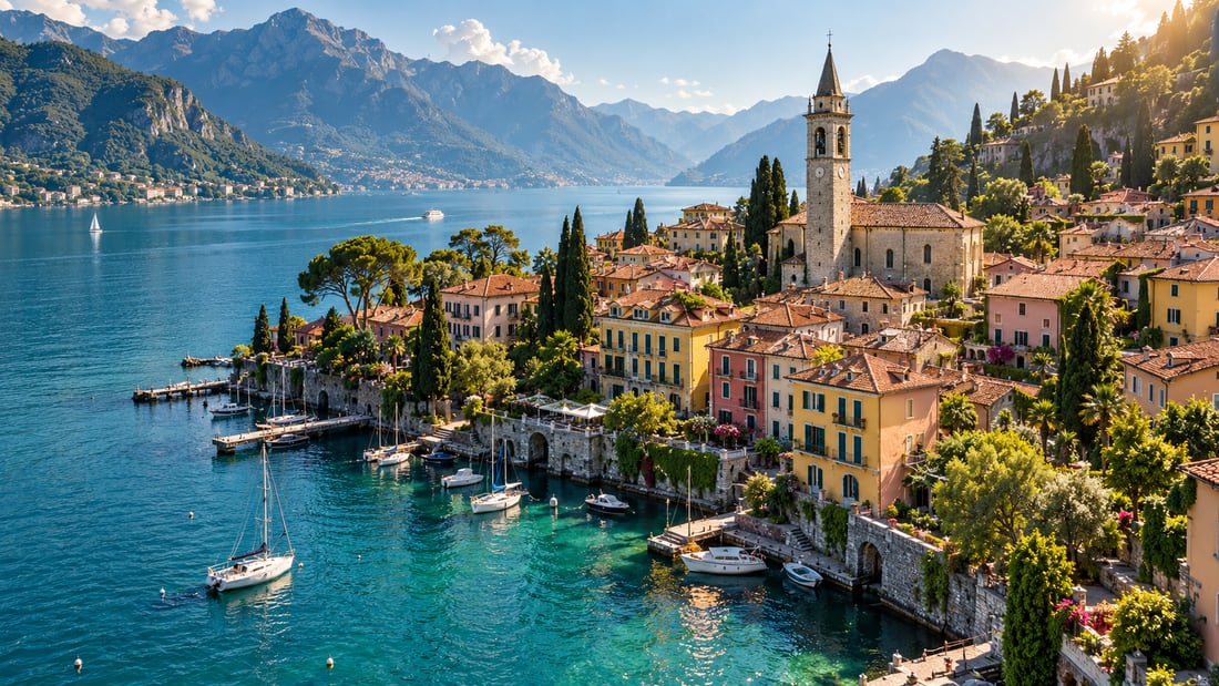 Aerial view of a luxury lakeside European town used in an AI video