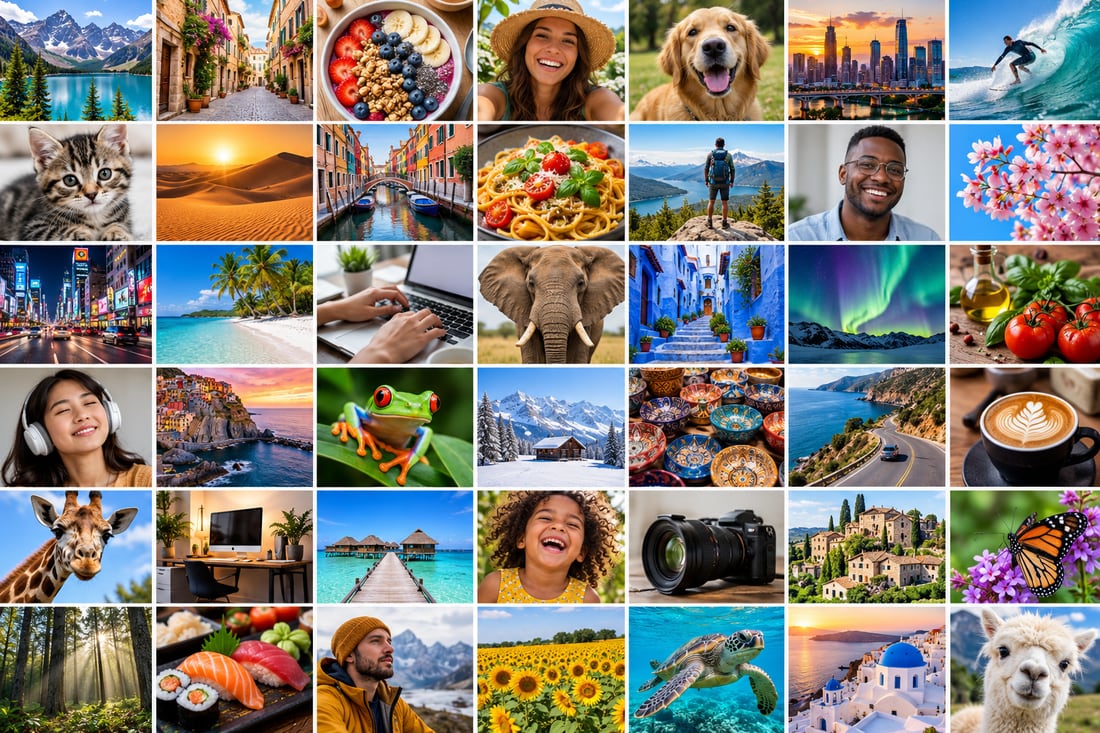 Grid of stock photos and video clips